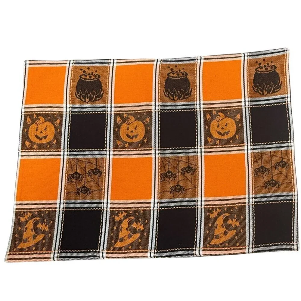 Halloween Placemats Set of Four Pumpkin Orange Black Check Cotton Tapestry